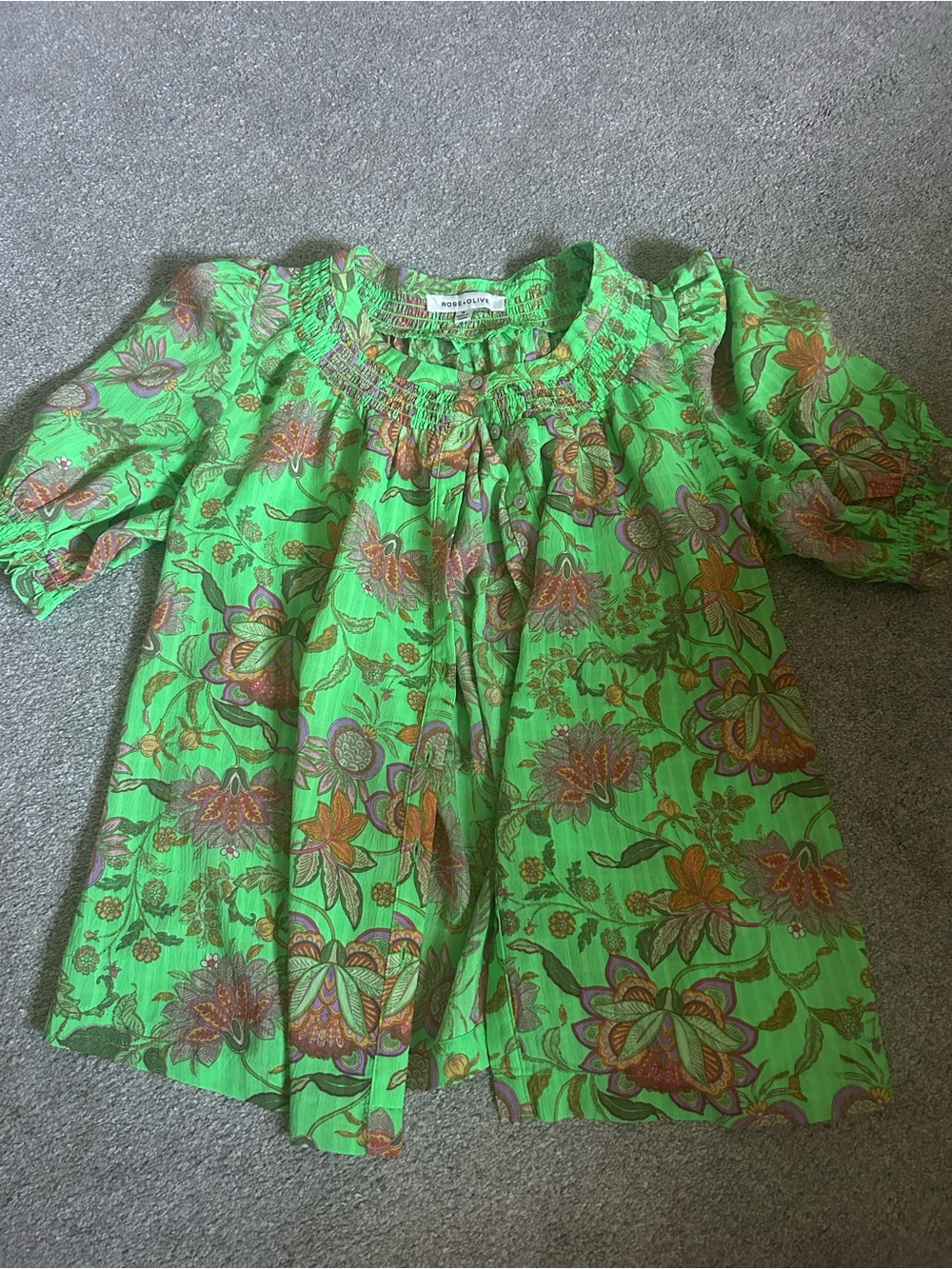 Rose & Olive Green Floral Smocked Neck Blouse